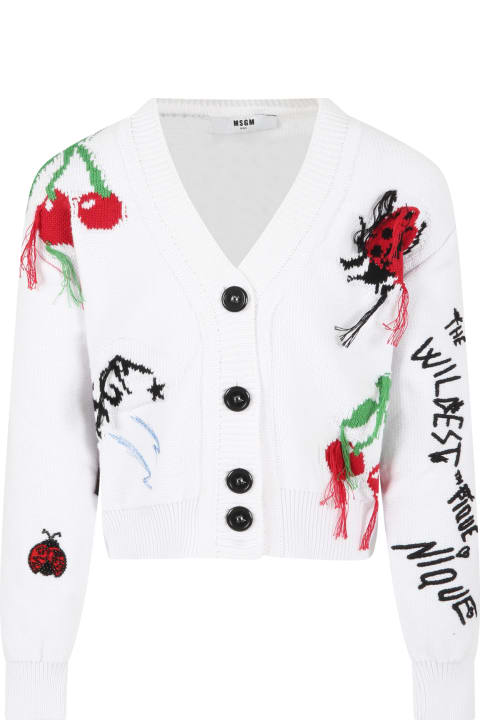 ガールズ MSGMのニットウェア＆スウェットシャツ MSGM White Cardigan For Girl With Embroidery