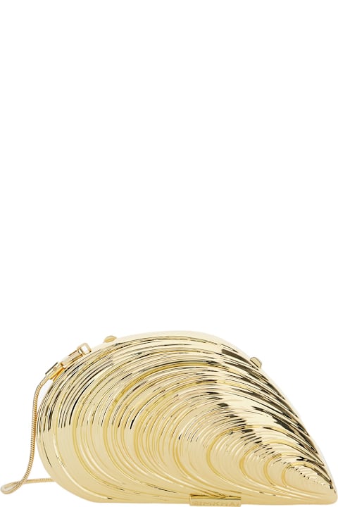 Homeware Simkhai 'bridget' Metallic Clutch With Logo Patch And Oyster Shell Design In Brass Woman
