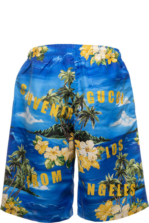Swimwear for Men Gucci Light-blue Swim Shorts With All-over Graphic Print In Nylon Man