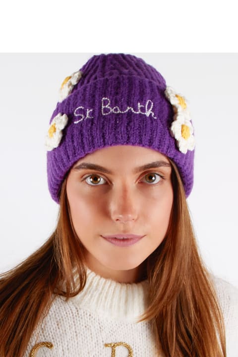 أدوات منزلية MC2 Saint Barth Woman Brushed And Ultra Soft Beanie With Daisies Appliqués