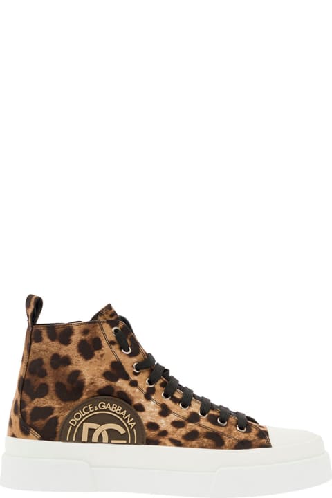 'portofino' Leopard Printed Mid-top Sneakers In Cotton And Leather Man Dolce & Gabbana