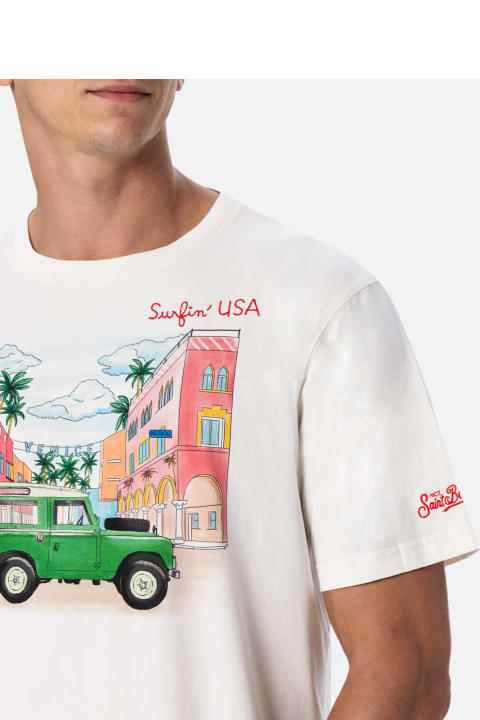 آخر صيحات الموضة من القسم الرجالي MC2 Saint Barth Man Cotton T-shirt With Placed Print And Surfin'usa Embroidery