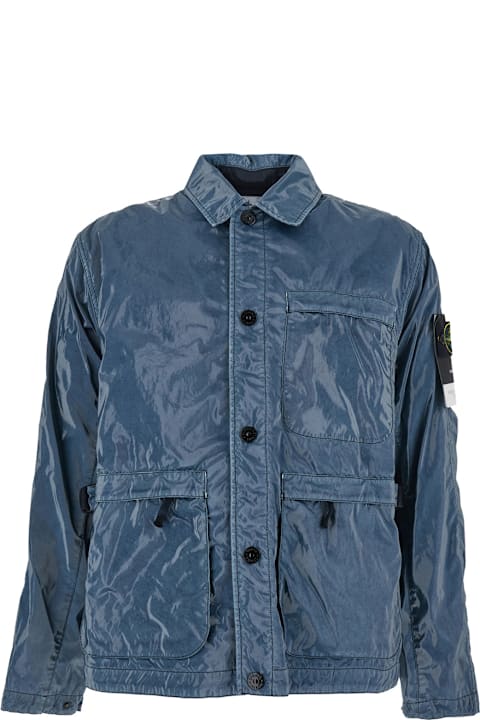 Coats & Jackets for Men Stone Island 'mussolo' Blue Jacket With Front Pockets And Compass Logo Patch On The Sleeve In Rubberized Fabric Man