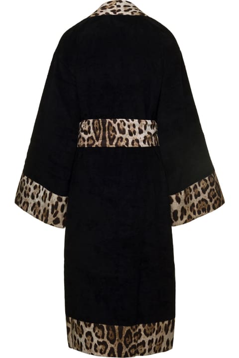 ウィメンズ Dolce & Gabbanaの水着 Dolce & Gabbana Black Kimono Bathrobe With Leopard Trim In Cotton Dolce & Gabbana