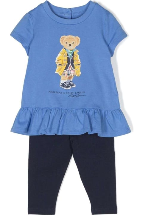 Bottoms for Baby Girls Polo Ralph Lauren Blue And Black Set With Top And Leggings With Teddy Bear Print In Cotton Baby