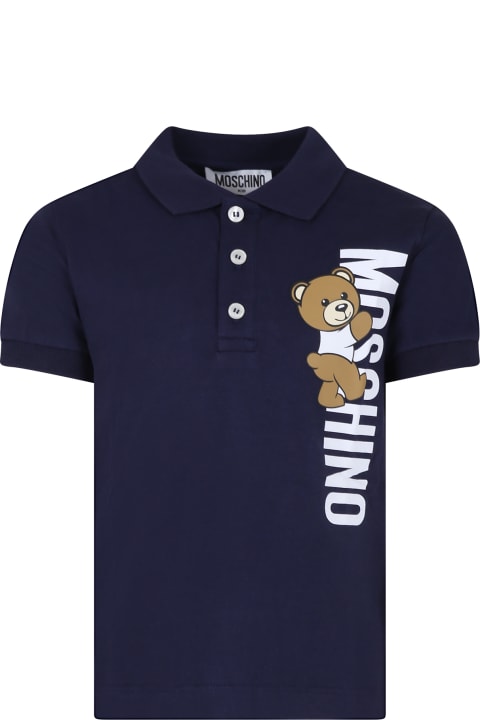 Fashion for Kids Moschino Blue Polo Shirt For Boy With Teddy Bear And Logo
