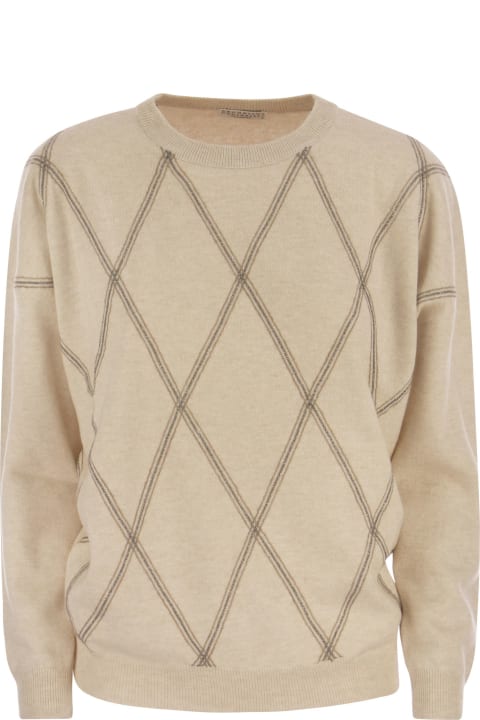 Brunello Cucinelli for Women Brunello Cucinelli Crewneck Sweater In Fine Wool, Cashmere And Silk With Diamond Pattern