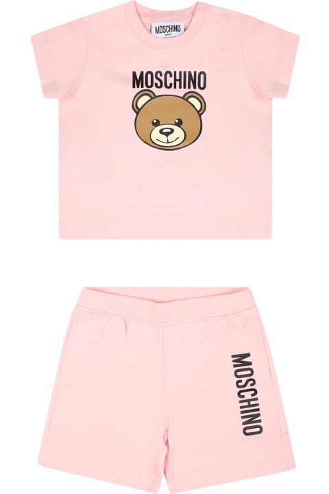 Moschino Bottoms for Baby Girls Moschino Pink Suit For Baby Girl With Teddy Bear And Logo