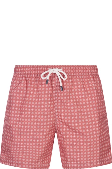 Fedeli for Men Fedeli Dark Red Swim Shorts With Micro Flower Pattern