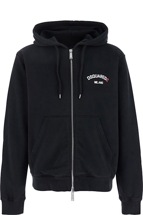 Dsquared2 لـ Men Dsquared2 Black Sweatshirt With Hood And Zip And Logo Detail On The Front In Cotton Man