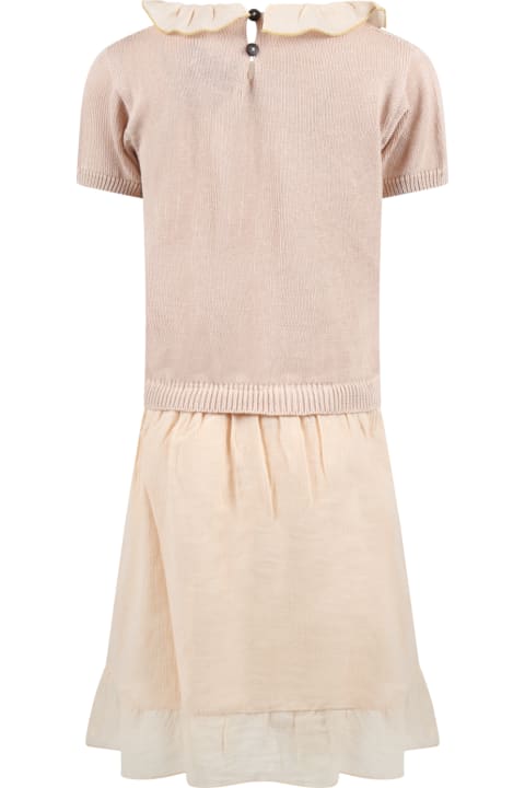 Beige Dress For Girl With Embroidered Flowers