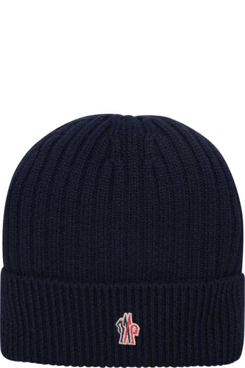 Hats for Men Moncler Grenoble Night Blue Ribbed Wool Beanie