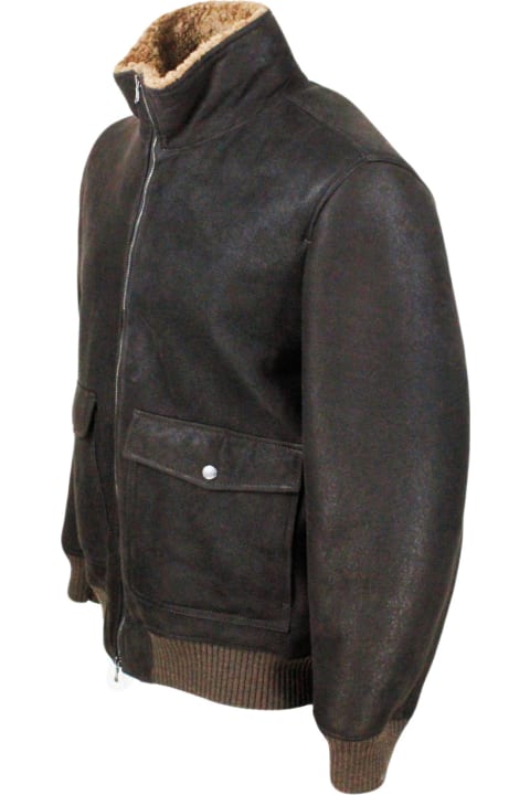 Barba Napoli for Men Barba Napoli Bomber Jacket In Fine And Soft Shearling Sheepskin With Stretch Knit Trims And Zip Closure. Front Pockets