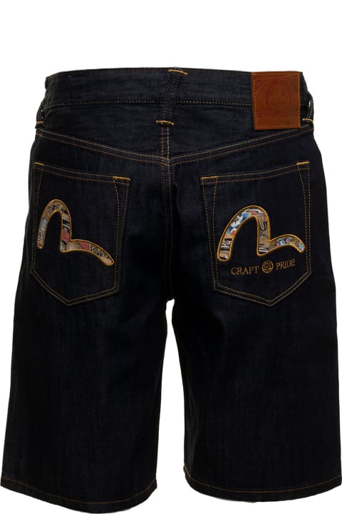 Allover Seagull Embroidered Pocket Denim Shorts