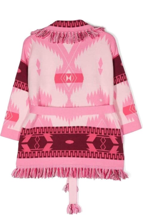 Alanui for Kids Alanui Pink Cardigan With Graphic Jacquard Motif All-over In Wool