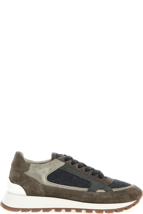 Fashion for Women Brunello Cucinelli Suede Runner Sneaker Shoe With Wool Inserts Embellished With Brilliant Monili Detail On The Sides. Closure With Laces