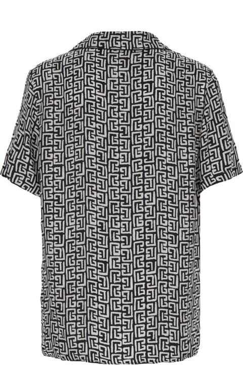 Shirts for Men Balmain Black And White Bowling Shirt With All-over Monogram In Cupro Man