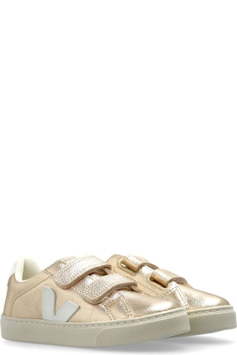 Veja for Kids Veja Metallic Low Top Sneakers With Logo Detail On The Side And Contrasting Heel With Logo Lettering In Leather Girl