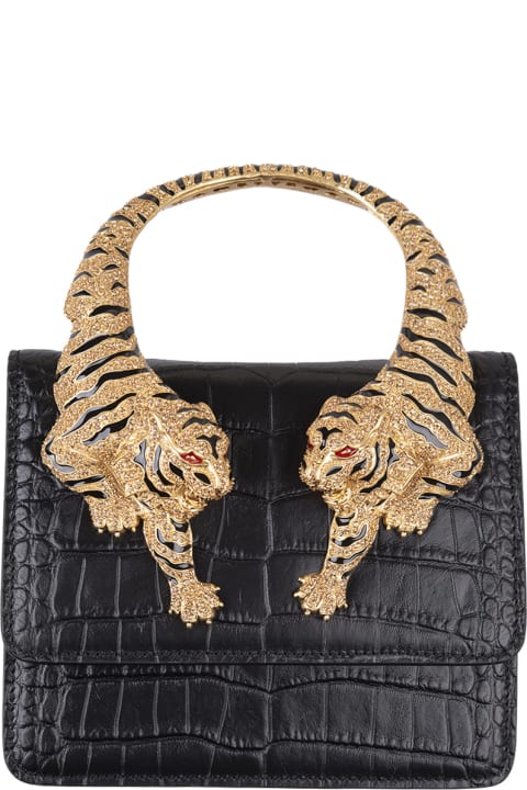 Fashion for Women Roberto Cavalli Black Medium Roar Shoulder Bag With Jewelled Tigers