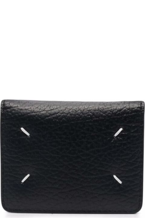 Maison Margiela Black Bifold Wallet With Stitching Detail And Key Ring In Grained Leather Woman Maison Margiela