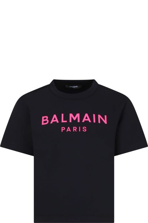 ボーイズ トップス Balmain Black T-shirt For Girl With Logo