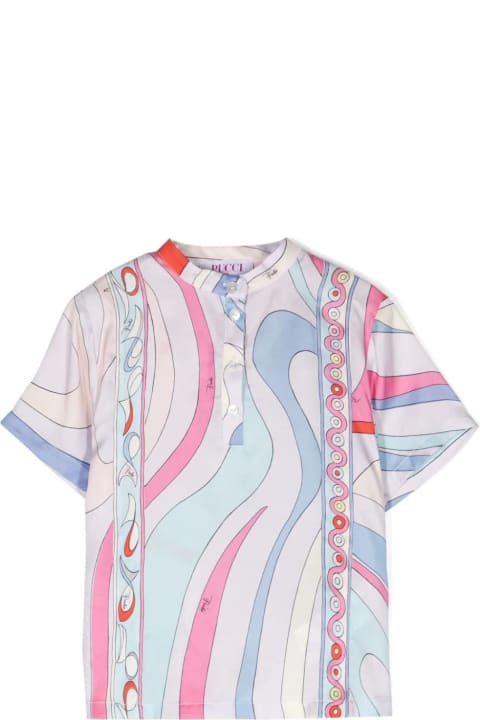 Pucci for Kids Pucci Short-sleeved Shirt With Light Blue/multicolour Iride Print