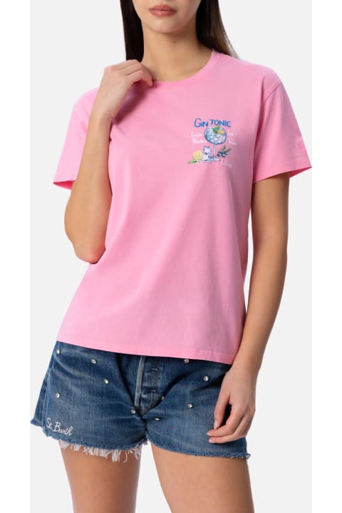 أدوات منزلية MC2 Saint Barth Woman Cotton Jersey Crewneck T-shirt Emilie With Gin Tonic Embroidery