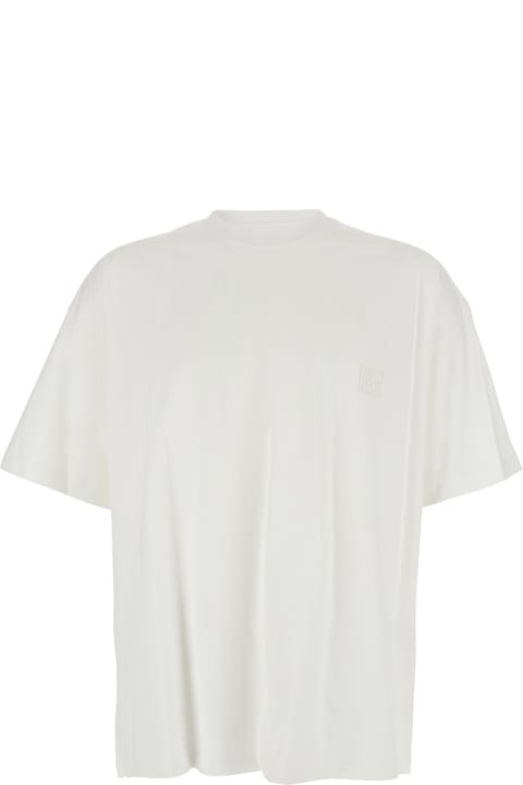 WOOYOUNGMI لـ Women WOOYOUNGMI White Crewneck T-shirt With Logo Patch On The Front And Floral Motif On The Rear In Cotton Man