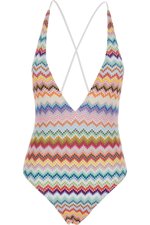 Homeware Missoni Multicolor One-piece Swimsuit With V-neck And All-over Zig-zag Motif In Stretch Viscose Blend Woman