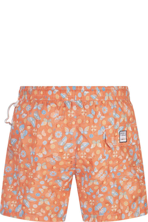 Fedeli for Men Fedeli Orange Swim Shorts With Butterfly Print