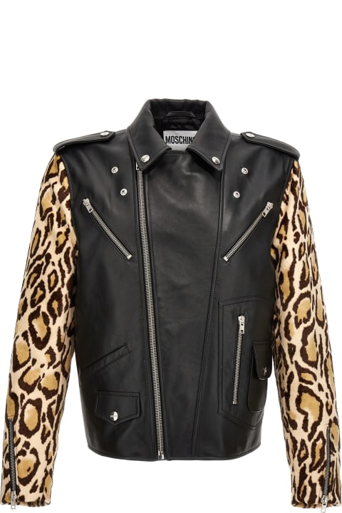 Moschino for Men Moschino Animal-print Sleeves Leather Jacket