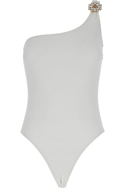 Anjuna Clothing for Women Anjuna White One-shoulder One-piece Swimsuit With Rhinestone Brooch Detail In Tech Fabric Woman