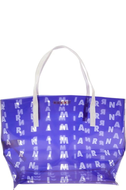 Blue Shopper Bag With All-over Logo Lettering Print  In Polyvunylchloride Man
