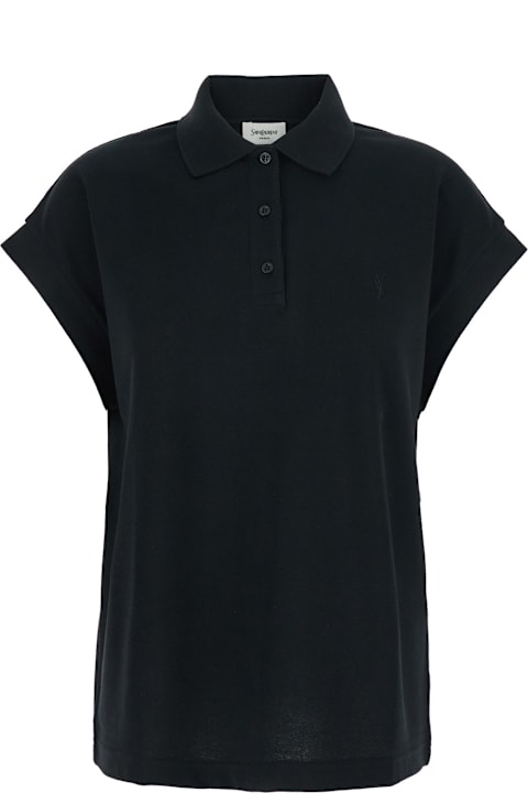 Topwear for Women Saint Laurent Black Sleeveless Polo Shirt With Classic Collar And Cassandre Embroidery On The Front In Cotton Woman