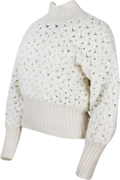 Fabiana Filippi for Women Fabiana Filippi Long-sleeved High-neck Sweater In Soft And Precious Wool, Silk And Cashmere With Flower Processing And Hand-made And Embellished With Micro-sequins