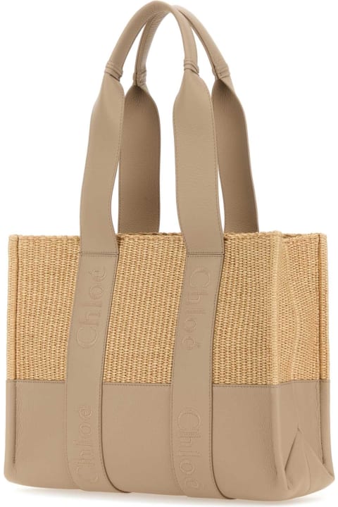 Chloé Totes for Women Chloé Bicolor Raffia And Leather Medium Woody Shopping Bag
