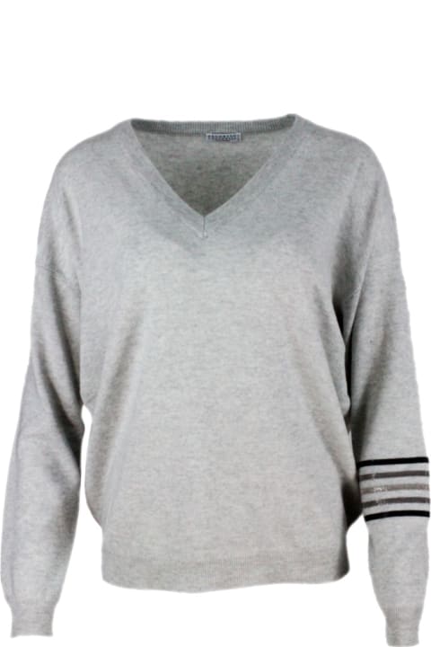 Sweaters for Women Brunello Cucinelli Cashmere V-neck Sweater With Rows Of Jewels On The Arm