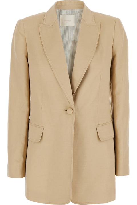 インテリア TwinSet Beige Jacket With Classic Lapels And Metallic Logo On The Back In Linen Blend Woman
