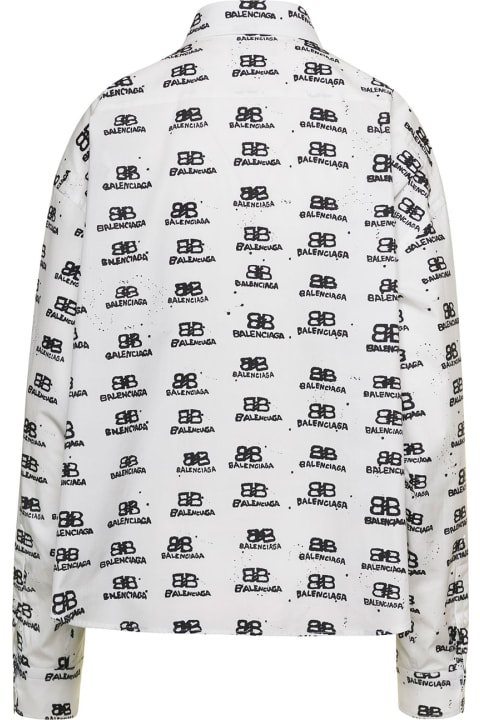Black And White Shirt With All-over Logo With Front Split In Cotton Woman
