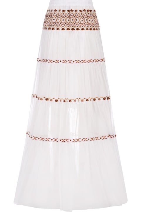 ウィメンズ Ermanno Scervinoのスカート Ermanno Scervino White Muslin Long Skirt With Ethnic Embroidery