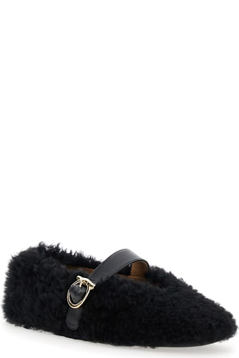 Ferragamo Black Ballerinas With Shearling Design And Buckle In Leather Woman
