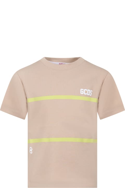 GCDS Mini for Kids GCDS Mini Beige T-shirt For Boy With Yellow Stripes