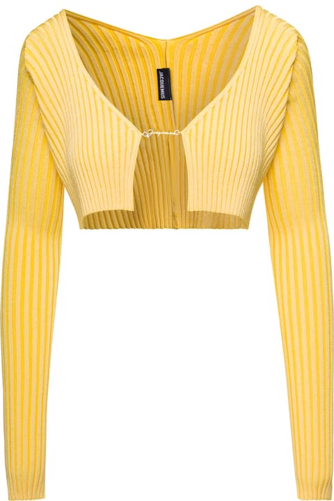 Yellow Cropped Cardigan La Maille Pralù With Golden Logo In Stretch Viscose Woman