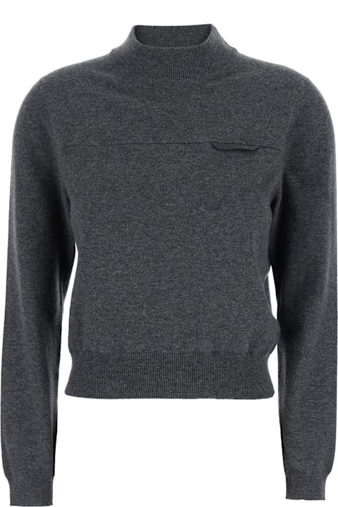 Brunello Cucinelli for Kids Brunello Cucinelli Grey Sweater With Mock Neck And Monil Detail On The Front In Cashmere Woman