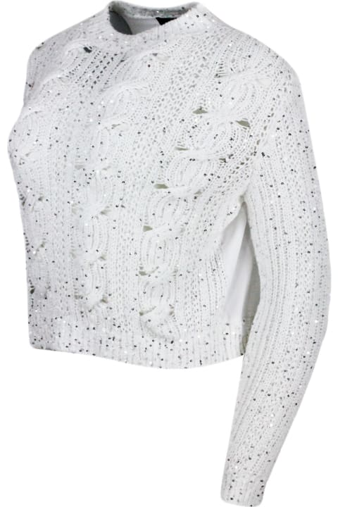 Lorena Antoniazzi Sweaters for Women Lorena Antoniazzi Long-sleeved Crew-neck Sweater In Cotton With Braided Work Embellished With Microsequins And Back Part In Breathable Technical Fabric