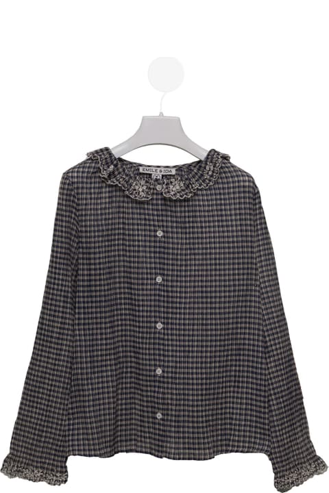 Emile Et Ida Kids Girl's Blue Checked Shirt With Flounces