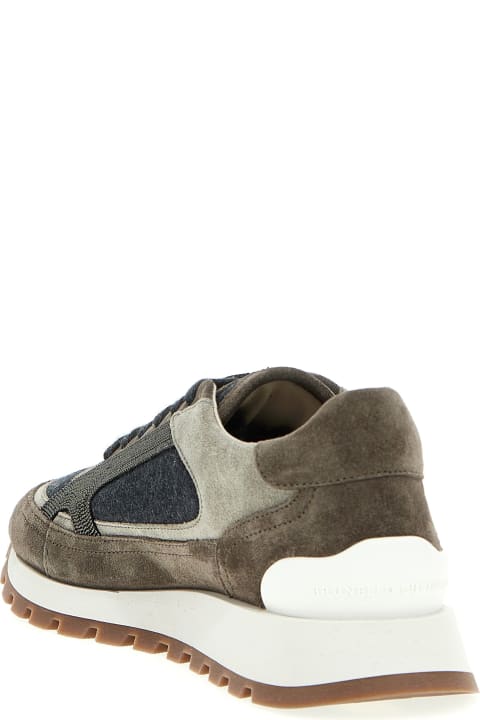 Fashion for Women Brunello Cucinelli Suede Runner Sneaker Shoe With Wool Inserts Embellished With Brilliant Monili Detail On The Sides. Closure With Laces