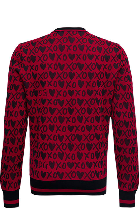 Crew Neck Wool Sweater With Jacquard Hearts Print