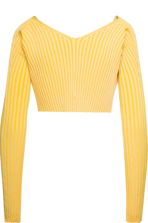 Yellow Cropped Cardigan La Maille Pralù With Golden Logo In Stretch Viscose Woman