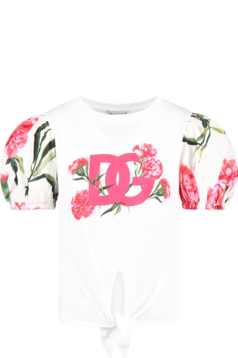 Topwear for Girls Dolce & Gabbana White T-shirt For Girl With Carnations